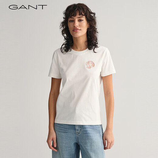 Gant/Gante Nuevas tops para mujeres de moda, versátiles, simples y cómodas concha bordada de color sólido de manga corta Camiseta redonda redonda 671-PINK XL