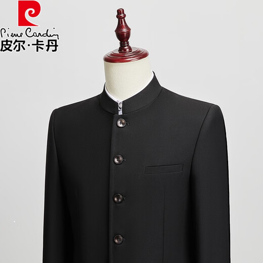 Pierre Cardin tunic men's youth slim suit dad suit wedding performance suit wedding dress student Republic of China Tang suit black jacket + pants XL