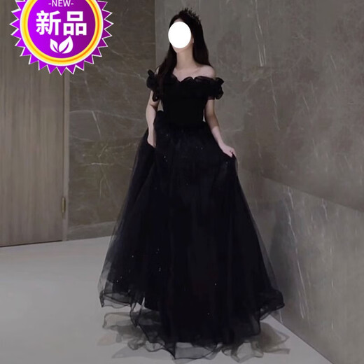 昂秉成人礼服女18嵗礼服高级感一字肩晚裙2023新款学生主持人赫本风长 黑色 背后绑带 2XL