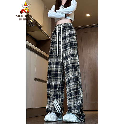 稻草人美式复古格子裤男女2025春季新款大码显瘦宽松阔腿条纹休闲运动裤 藏青格 K826 L
