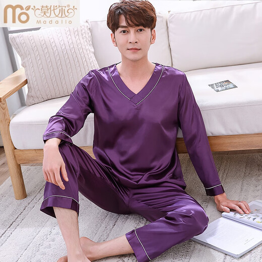 Modal Spring and Autumn Men's Long Sleeve Pajamas Men's Ice Silk Men's Thin Large Size Home Clothing Set Korean Summer Two-piece 718 Champagne L