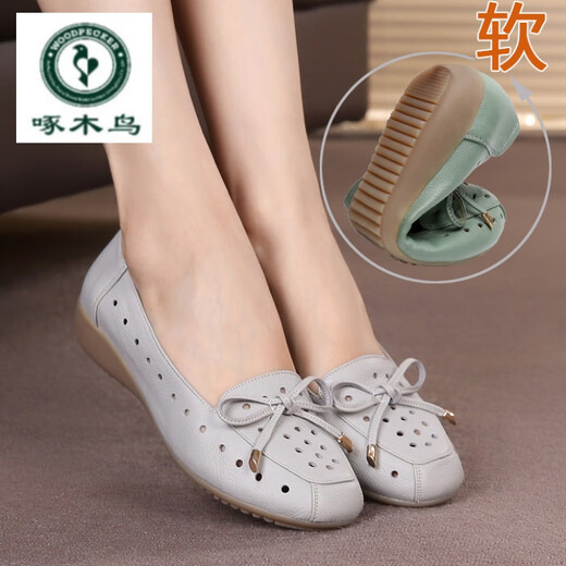 Specht komfortable mittlere und ältere Sandalen Mutterschuhe Sommerweiche Sohle Rindfleisch Sehnen Sohle Frauenschuhe echte Leder hohl flache Sohle Single Schuhe Hohlschuhe 1695 m Weiß 38