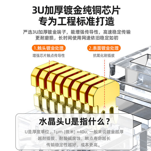山泽超五类网线水晶头 超5类RJ45千兆网络连接器 8P8C电脑宽带线接头 Cat5e工程级镀金纯铜水晶头 10个3U工程款SJ-5010