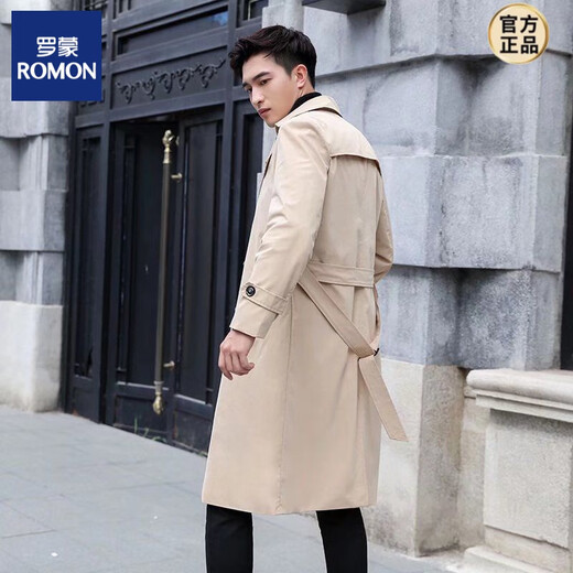 罗蒙（ROMON）春秋季男士韩版中长款过膝风衣青年双排扣男宽松披风外套休闲大衣 风衣 卡其 2XL 建议170-180斤