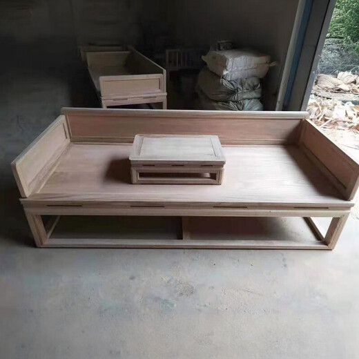 北方老榆木新中式实木罗汉床白茬简约沙发床客厅小户型简约贵妃床 款12200*90*42坐高+炕桌 白茬/ 1.2米以下