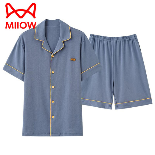 Catman (MiiOW) pajamas men's summer pure cotton short sleeve shorts cardigan thin large size solid color casual home clothing set royal blue 12805 [100 pure cotton] L [recommended 100-120 Jin [Jin equals 0.5 kg] wear]
