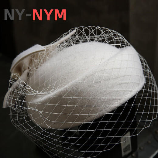 NY-NYM Französisch Elegant Britisch Retro Mesh Beret Wolle Wolle Hochzeits Bankett Weißer Brautkopfschmuck Weißer Durchmesser etwa 17 cm/mit Clip