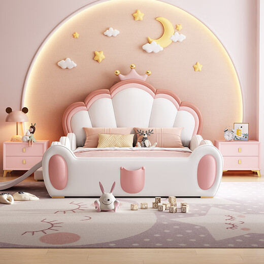 Children's bed girl princess bed internet celebrity single bed girl's bed crown with fence bed pink solid wood bed with guardrail fairy child's bed + 20cm latex mattress 1.5m*2.0m frame structure