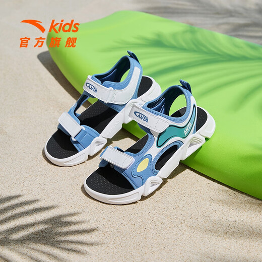ANTA Children's Sandals Boys' Shoes 2024 Summer Mid-Grade Children's Breathable Outdoor Sports Shoes Casual Beach Shoes Student Shoes Boys' Era Blue/Anta White-1 33 Size