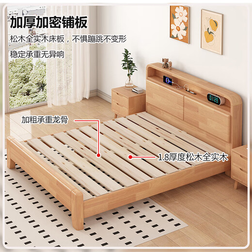 Qifeng Guangdong Foshan furniture bed solid wood bed rubber wood modern Nordic double bed master bedroom log bed simple style wooden bed single bed (log color main picture) 1500mm*2000mm frame structure