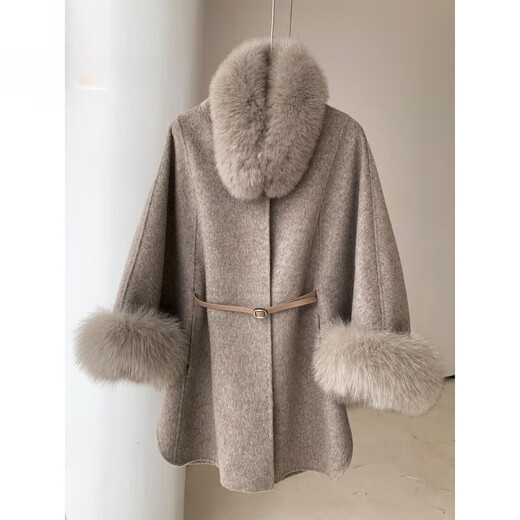 Golden Fox Brand Autumn and Winter New Double-Sided Wool Coat Women's Fox Fur Collar Cloak Shawl Korean Wool Fur Jacket Mixed Cute S (85~115)
