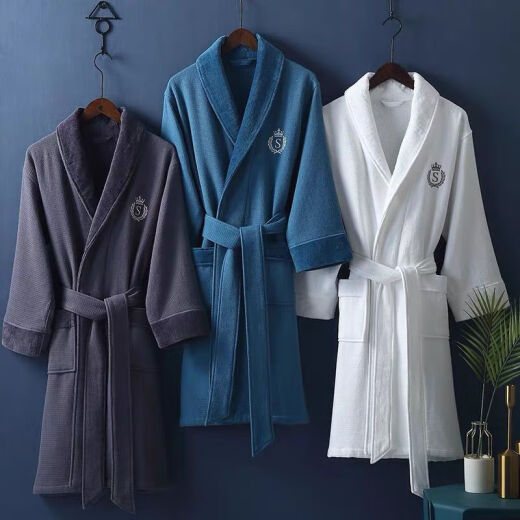 Ruiba five-star hotel hoodless couple cut velvet towel absorbent long solid color simple home bathrobe Sherron blue wear to 140Jin [Jin equals 0.5kg] bathrobe