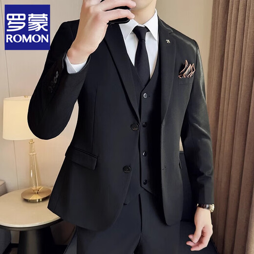 罗蒙（ROMON）新郎结婚西装套装男修身西服三件套礼服商务休闲英伦风职业正装 9889中灰 两件套【西服+裤子】 56/3XL【150-165斤穿】