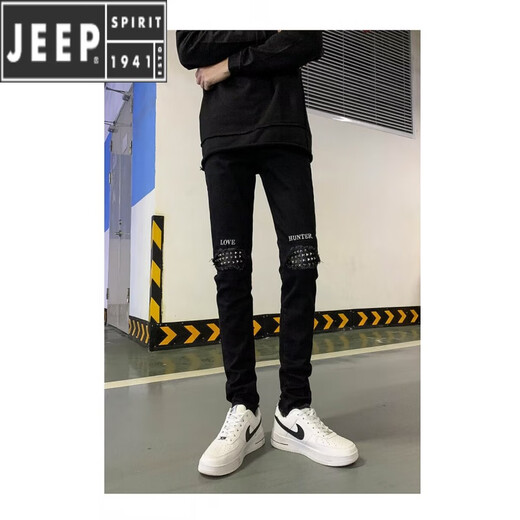 Jeep Spirit Jeep Jeep Herren neue High Street Trend Marke High-End-Herrenhosen Patch Herrenhosen Schwarze Schlanke Füße Hosen Schwarz G833 Modell 32