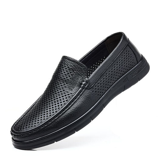 YRC Yierkang Leather Shoes Men's 2025 Summer New Hollow Breathable Casual Shoes Men's Soft Sole Anti-Slip Bean Shoes 9925 Black Hollow 40
