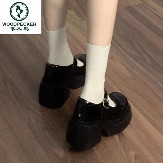 啄木鸟厚底增高小皮鞋女2025年春秋新款高跟玛丽珍鞋学院风jk鞋制服单鞋 黑色 40
