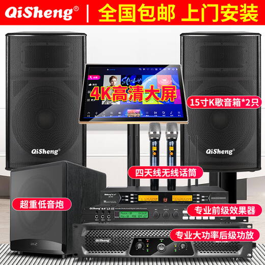 Qisheng family ktv audio set karaoke machine karaoke professional-grade theater karaoke conference room stage equipment full set of TV living room bar party room subwoofer speaker 15-inch professional-grade audio set + subwoofer