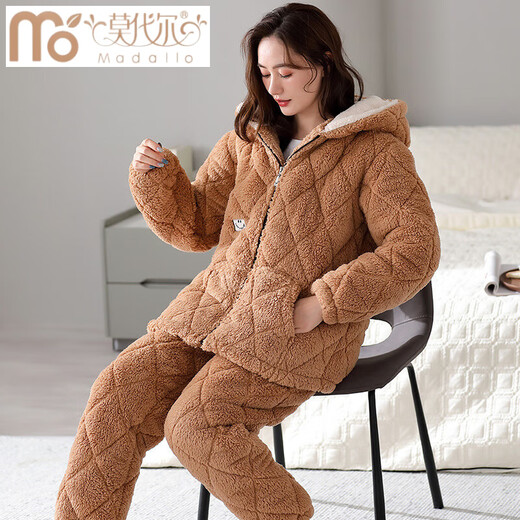 Modal tall coral velvet cotton pajamas for women in winter three-layer thickened velvet home clothes flannel warm set MFB12244 women L