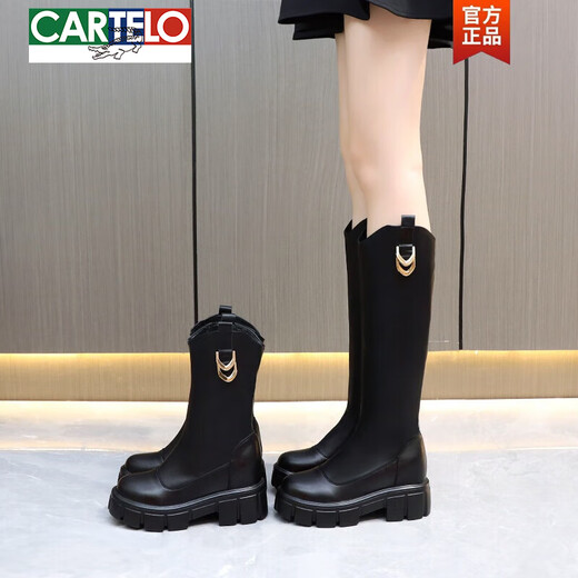 卡帝乐鳄鱼（CARTELO）内增高马丁靴女中筒2025新款厚底小个力靴冬季真皮长靴瘦瘦靴 高筒(单内里) 6627无拉链 37