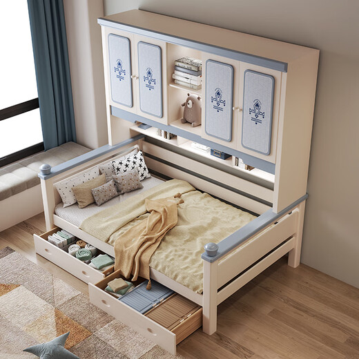 Liuge Volles Massivholzgarderobenbett integriertes Tatami-Jungen und Mädchen Kleine Wohnung Multifunktionales wirtschaftliches Einzelbett-Aufbewahrungsbett-Kleiderschrankbett + Matratze 1350 mm*2000mm
