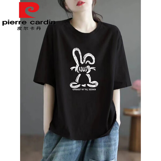 皮尔卡丹100纯棉短袖t恤女高端百搭洋气日常款宽松大尺码显瘦半袖上衣 983#黑色【100%纯棉】今年流行的 S 【建议80-100斤】
