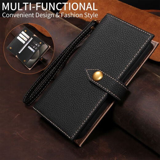 Shell Jazz Apple 14Promax Case de téléphone mobile iPhone 15pro Case de protection High-Dee Geat en cuir Couge de tête de vache Cow Hide Slot Wallet Fashionable Budle Personnalise Business Model Model Protective Case [Business Black] Véritable Sac de carte en cuir Apple 15Promax