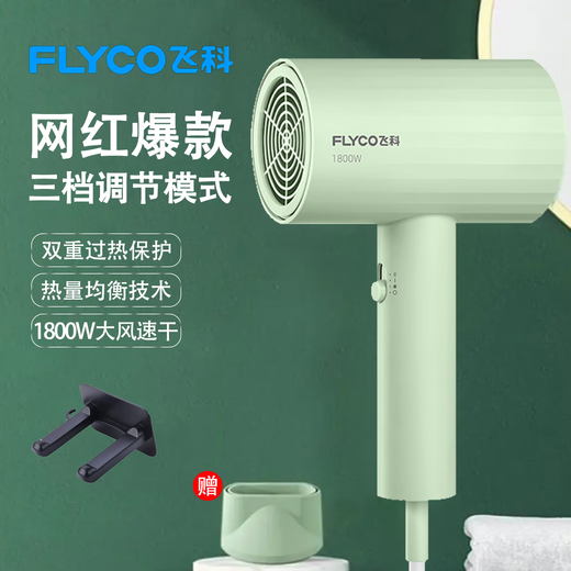 飞科（FLYCO）吹风机家用大功率负离子护发恒温速干FH6296便携宿舍学生用冷热风过热保护大风力电吹风筒配集风嘴 飞科吹风机FH6296+置物支架
