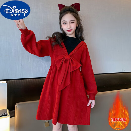 Disney girls winter dress 2023 new mid-to-large children fashionable super fairy red thick children's sweater princess skirt red sweater princess skirt thickened 120cm