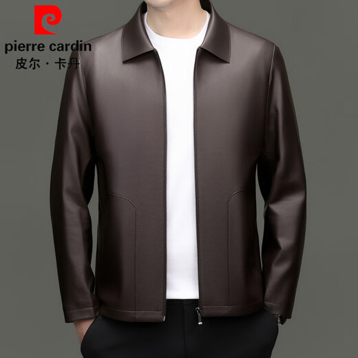 Pierre Cardin high-end leather jacket men's spring and autumn new lapel leather jacket middle-aged dad business casual cycling PU leather jacket coffee color 2XL (185)