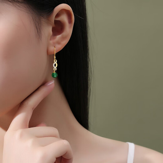 万礼福新中式S925纯银绿玛瑙圆珠耳坠女复古中国风长款耳勾感耳钉 EY681白金色耳坠 925银