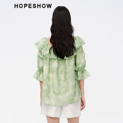 Das gleiche Verschüttungs-gedruckte Design-Chiffon-Shirt in Hongshe Einkaufszentrum 2024 New Damen Ruffle One-Shoulder Top Jiangnan Yanyu 687 m