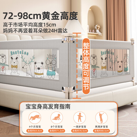 
AOTGSSE Aotison three-sided bed fence baby children's bed baffle bed anti-fall bed fence safety guardrail bedside bed guardrail light gray cartoon animal three-sided installation [safeteria] 1.8 meters bed [1.8+2.0+2.0] Stable and seamless