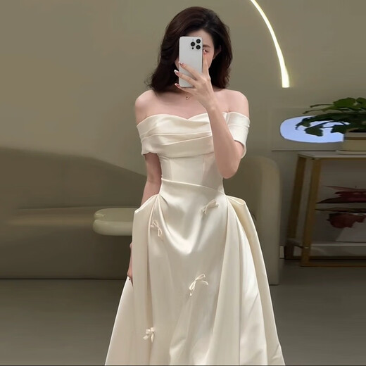 AIFANGNIAO high-end French dress women's banquet evening dress satin light wedding dress one-shoulder student adult ceremony art test vocal skirt white XS
