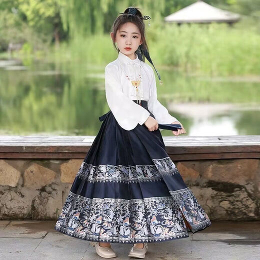 纷资言女童马面裙改良汉服儿童古装中国风唐装夏季套装女孩超仙公主裙 藏青色全套+赠品 140 (建议身高131-140)