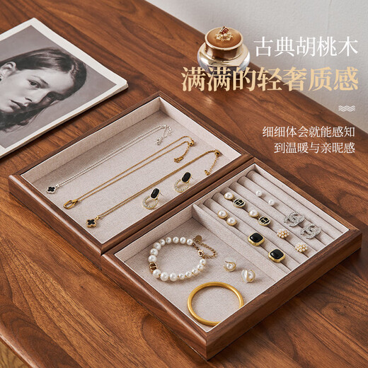 实木珠宝盒桌面戒指盒首饰盒耳环展示盘项链托盘ins拍摄道具 S9197橡木麻布5格