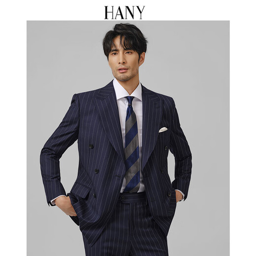 Hany (HANY) Italian Gobolo wool suit men's business banquet wedding double-breasted casual high-end suit Atum blue and white stripes Naples fit version 46 trousers please contact customer service to select the size