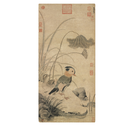 
The picture of the old lotus and mandarin ducks in Zhangzhong, the Yuan Dynasty. The scroll of ancient flowers and birds. The picture of the literati's replica of the ancient paintings and hanging paintings. The picture of the autumn tree and junction of the Yuan Dynasty. 12602. 40X84 ​​cm (stained by spray paintings) The mounting of milky white vertical scroll (Xuanxiu)