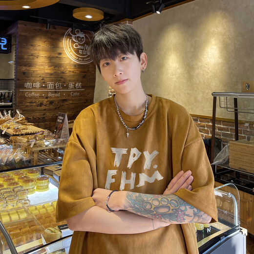 西域传奇纯棉短袖t恤男装夏季潮牌百搭休闲重磅五分袖青少年宽松半袖体恤 黑色 XL （120斤-140斤，优先发货）
