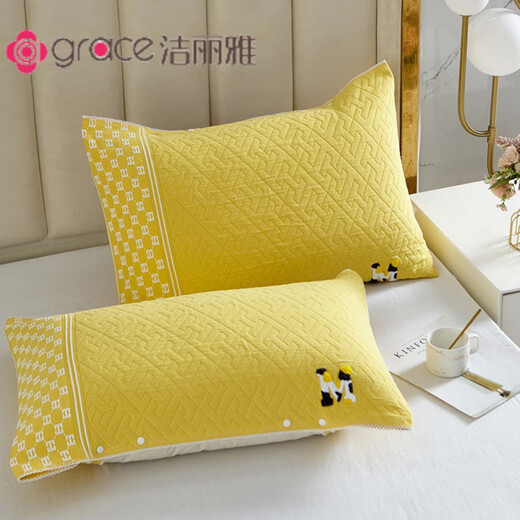Jieliya plain half-pack pillowcases, a pair of cotton gauze simple cover covers, non-slip and non-falling single pillowcases, embroidered half-pack pillowcases - bright yellow