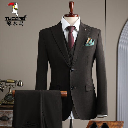 Woodpecker (TUCANO) fashionable Korean suit men's three-piece wedding groomsmen suit professional formal work suit men's suit 9992 black (suit + trousers) 52/XL (125-135 Jin Jin equals 0.5 kg)