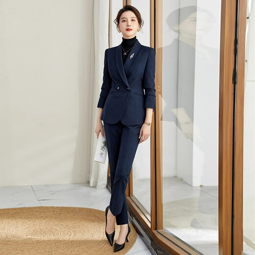 ROMON high-end professional suit, thickened formal suit, winter professional suit, fashionable commuting suit for women, navy blue suit jacket + trousers XL