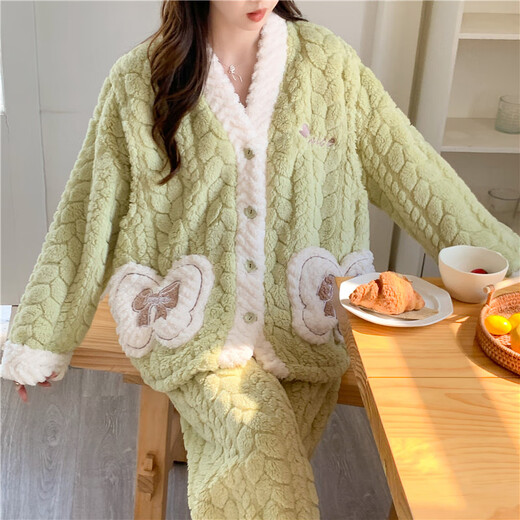 爱茵慕西月子服秋冬法兰绒孕妇睡衣加绒加厚产妇产后12月份哺乳睡衣套装 AMY9923#绿色 L码 (推荐体重 90-120斤左右)