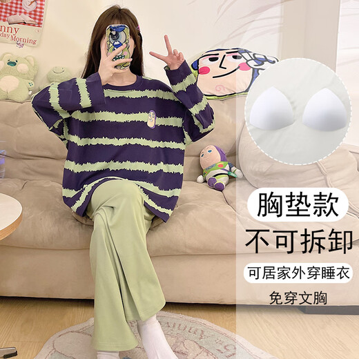 Yalu pajamas women's 2025 new spring and autumn integrated cartoon long sleeve chest pad large size home clothing set 15567 women without breast pad L women (suggested weight 100120 Jin [Jin equals 0.5 kg])