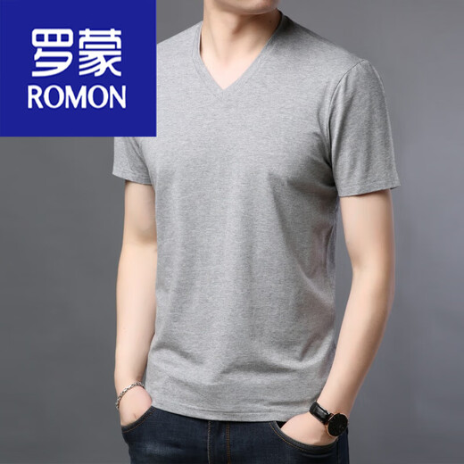 罗蒙（ROMON）夏季新款男士短袖t恤莫代尔纯色V领冰丝薄中青年休闲棉体恤衫上衣 9902宝蓝 175