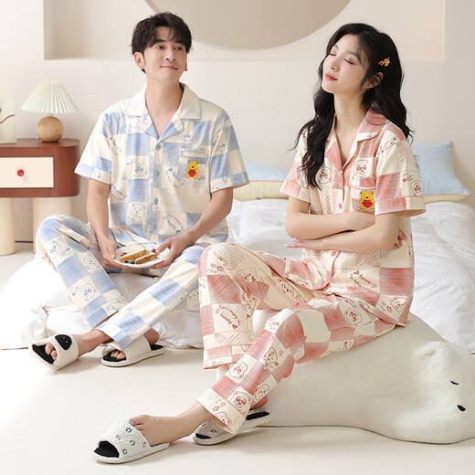 Langsha (Langsha) Pyjama-Paar Outfit Sommer reines Baumwoll 7A Antibakterielle kurzärmelige Hose Hauskleidung Ein Mann und eine Frau Sommer können Anzug 6228 Paar Outfit Frauen L+ Männer xxl tragen