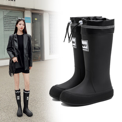 DG&DU高筒雨鞋女款时尚外穿网红雨靴新款加绒保暖水鞋软底防滑长筒胶鞋 高品质【束口款-防水防滑】黑色 36/37【码数偏小】