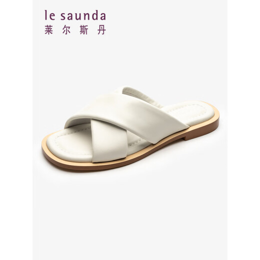 Le saunda (le saunda) [soft bread] summer new genuine leather flat solid color sheepskin outer one-line sandals women's shoes 12801 brown grey TPK 36