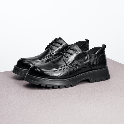 Belle Chinese Valentinstagsschuhe Pendelgeschäft Lederschuhe faltiges Kuhläden bequeme dicke Sohle formelle Schuhe A1422AM4 Schwarz-Single 43 (265 mm)