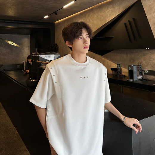 Camiseta de manga corta para hombres y mujeres con viento de viento alto QGF High Street High Gram Camiseta de manga corta para hombres y mujeres Camiseta suelta Top DSA070-CD1049 Black XL [sugerido 120-135 Jin [Jin equivale a 0.5 kg]]