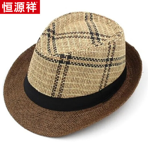 恒源祥男士帽子夏天短沿礼帽遮阳太阳帽透气凉帽中老年人户外绅士爵士帽 大方格米白 55-58CM